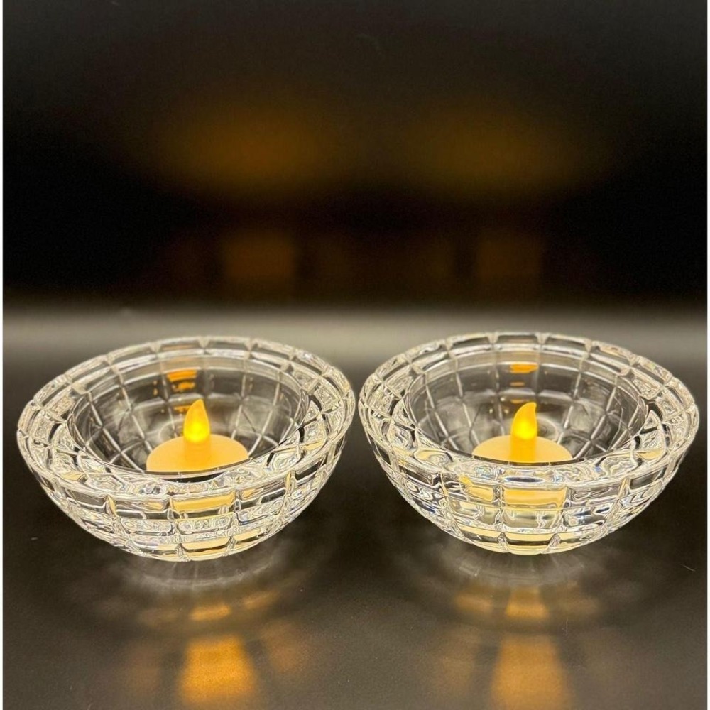 Crystal Waffle Grid Votive Candle Holder Set of 2 - Clear Glass Tea Light Bowls